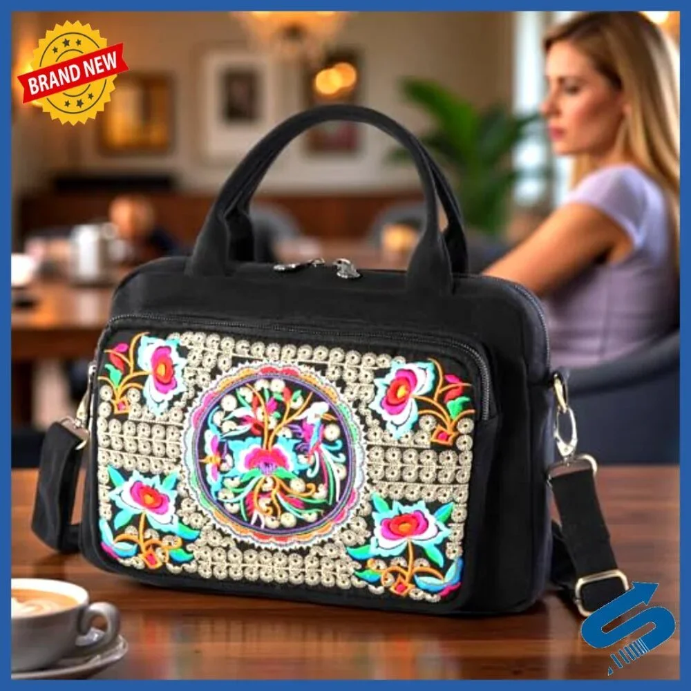 Embroidered Canvas Crossbody Bag Top Handle Handbag Chic Boho Casual